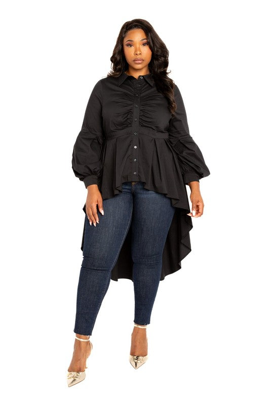 SEXY CLASSY POPLIN HI-LO PEPLUM BLOUSE